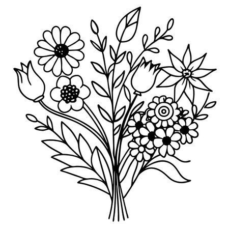Hand-Drawn Bouquet of Floral Elements with Intricate Lineworkのイラスト素材
