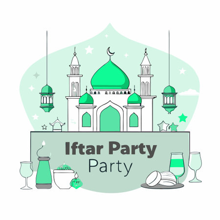 Festive Invitation to a Joyous Iftar Party Celebration with Delightful Food and Cheerのイラスト素材