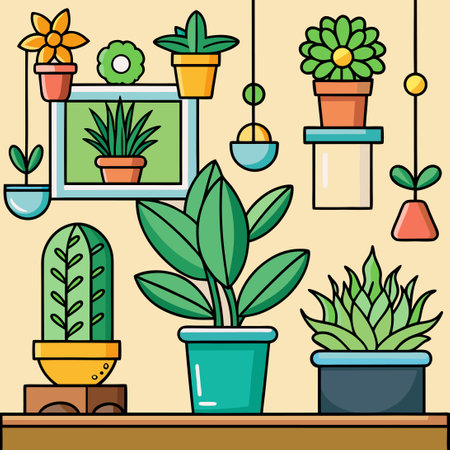 Illustrative Icons Depicting the Beauty of House Plants and Indoor Home Flowersのイラスト素材