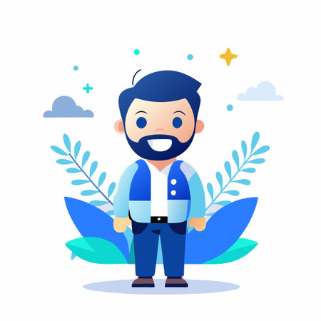 Cartoon Character "B" in Blue Background with Balloons, 2024のイラスト素材