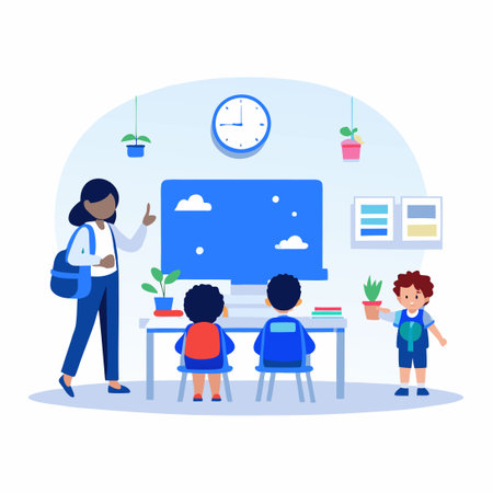 Kindergarten Children Learning and Playing with Toys in Classのイラスト素材