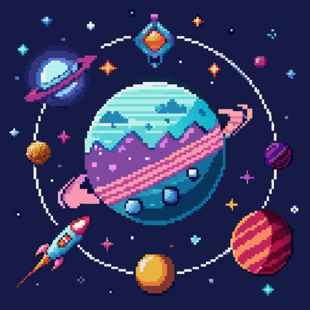 Retro Pixel Art Circle Print Depicting a Space Adventure Odysseyのイラスト素材