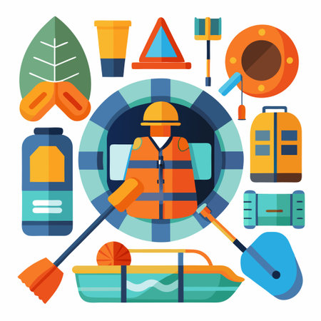 Comprehensive Rafting Icon Set with Essential Water Hiking Gear and Equipmentのイラスト素材