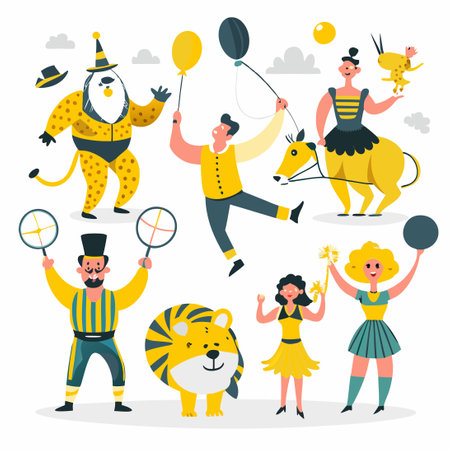 Diverse Circus Performers and Animal Acts Showcase Extraordinary Skillsのイラスト素材