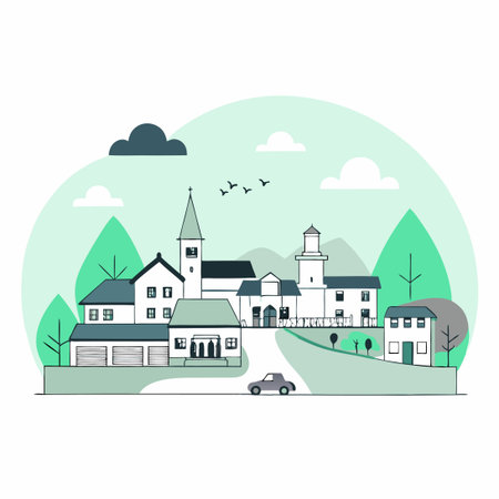 Quaint Small-Town Charm Captured in Tranquil Illustrationのイラスト素材