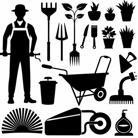 Essential Spring Garden Set with Farm Tools and Equipment for Cultivating Green Spacesのイラスト素材