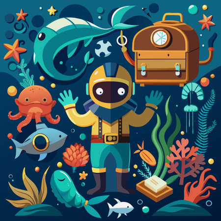 Retro Diver Embarks on an Underwater Adventure in a Magical Sea Creature Realmのイラスト素材
