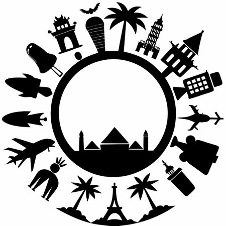 Travel around the world. Silhouettes of famous places around the world.のイラスト素材