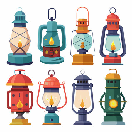 Vintage Oil Lantern Set Standing Proud in Isolated White Backgroundのイラスト素材