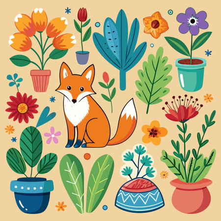 Assortment of Plants, Flowers, and Fox Sticker Designsのイラスト素材