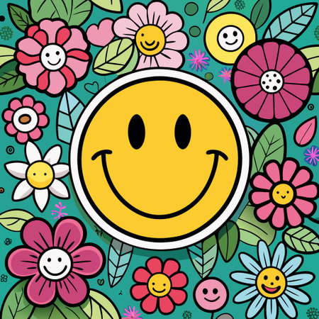 Delightful Hand-Drawn Smiley Face Floral Stickers for Happy Celebrationsのイラスト素材