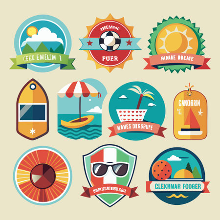 Flat Label Collection Featuring Summery Themes and Vibrant Colorsのイラスト素材