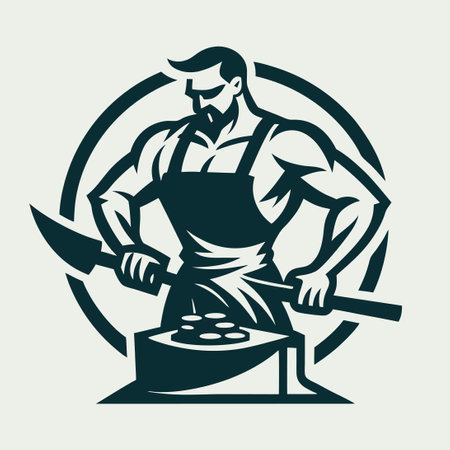 Vector Logo Depicting a Skilled Blacksmith Toiling at His Anvilのイラスト素材