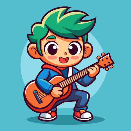 Adorable Boy Playing Guitar Mascot Character Logo Vector Design