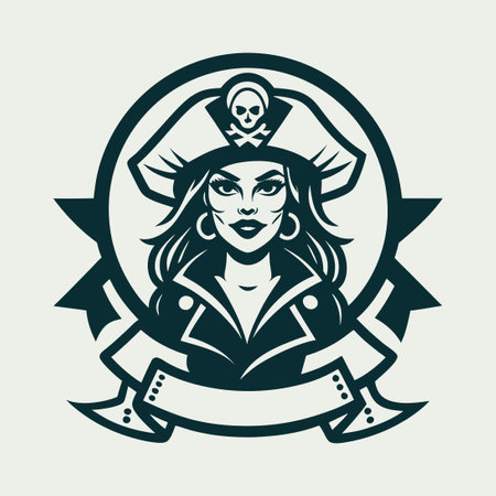 Vintage Emblem of a Rebellious Female Pirate with Crossed Swordsのイラスト素材