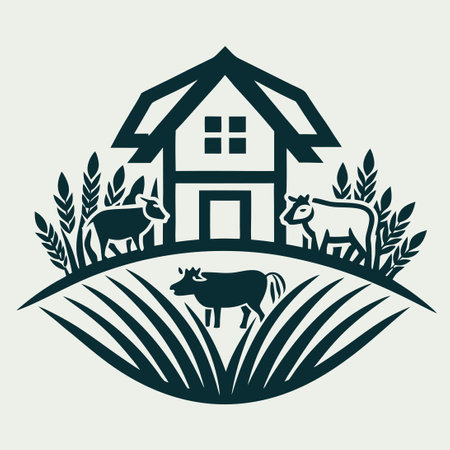 Farmer Homestead Vector Logo Featuring a Traditional Farmhouse and Countryside Sceneのイラスト素材