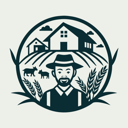 Vector Illustration of a Farmer's House with Surrounding Landscapeのイラスト素材