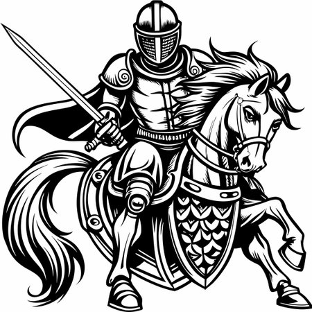 Engraved Knight Raiding on a Horse Vector Logo Illustrationのイラスト素材