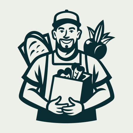 Smiling Man Carrying Bags of Fresh, Organic Groceriesのイラスト素材