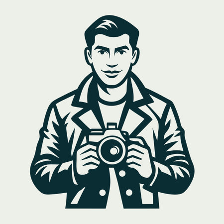 Classic Monochrome Camera with Male Photographer Silhouetteのイラスト素材