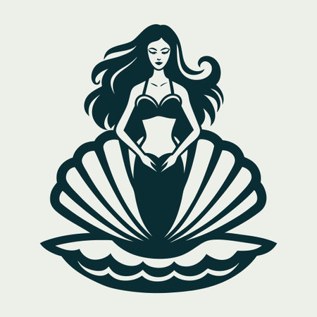 Elegant Vector Logo of a Mermaid Gracefully Posed within a Seashellのイラスト素材