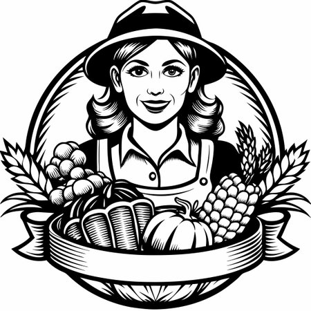 Smiling Woman Farmer Carrying a Basket of Fresh Produceのイラスト素材