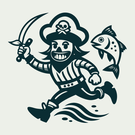 Pirate's Logo of a Sword-Wielding Pirate Leaping at a Fishのイラスト素材