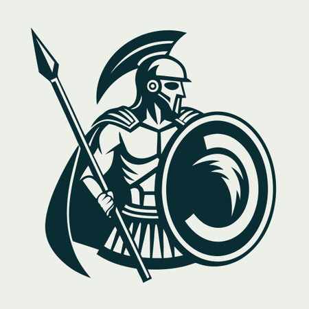 Fierce Spartan Warrior Armed with Spear, Shield, and Helmetのイラスト素材