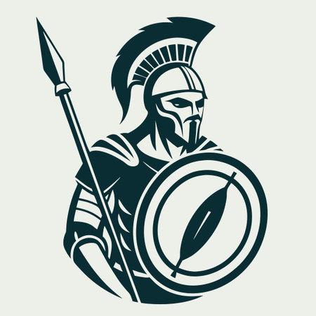 Majestic Spartan Warrior with Spear, Shield, and Helmet in Battle Poseのイラスト素材