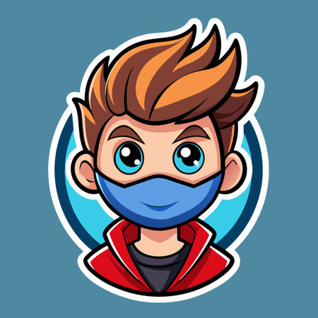 Charming Sticker Featuring a Cute Boy Adorned with a Protective Mask and Playful Character Designのイラスト素材