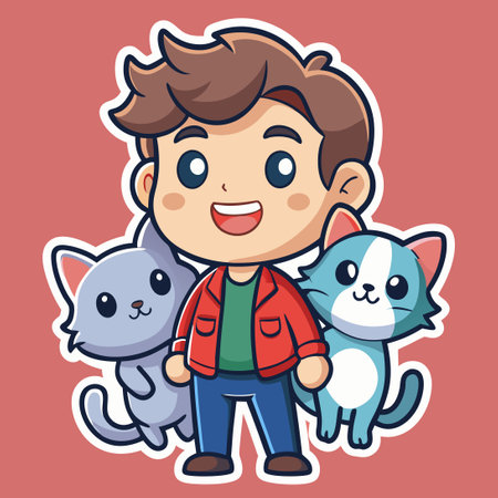 Adorable Sticker of a Boy Surrounded by Purring Cats in Vector Formatのイラスト素材
