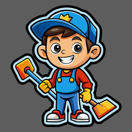 Adhesive Sticker Featuring a Vector Mascot Character Depicting a Diligent Cleaner Boyのイラスト素材
