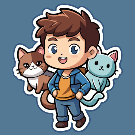 Adorable Sticker of a Cute Boy with Cats Vectorized Logo in Vibrant Colorsのイラスト素材