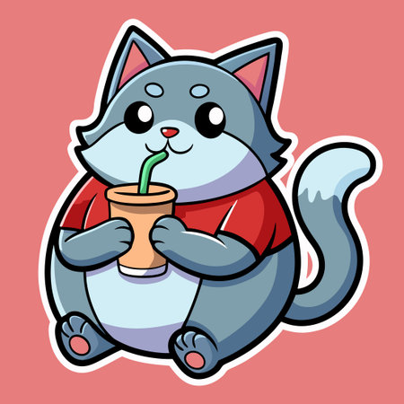Adorable Vector Sticker of a Fat Cat Enjoying a Drink with a Mascot Logoのイラスト素材