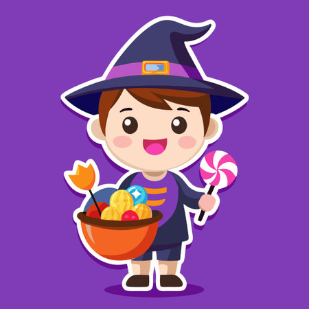 Cute Boy in Witch Hat and Holding a Pumpkin Sticker for Halloweenのイラスト素材