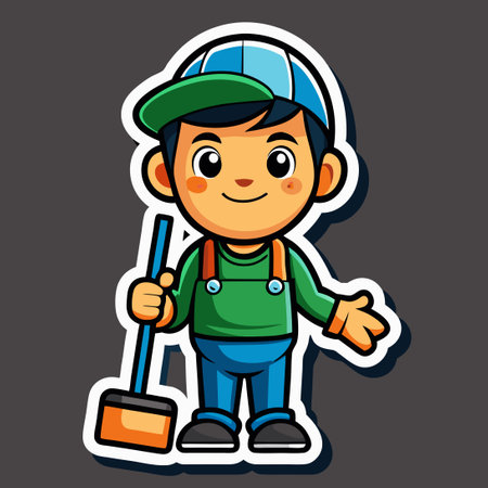 Cute and Fun Sticker Depicting a Mascot Character of a Cleaner Boy in Vector Formatのイラスト素材