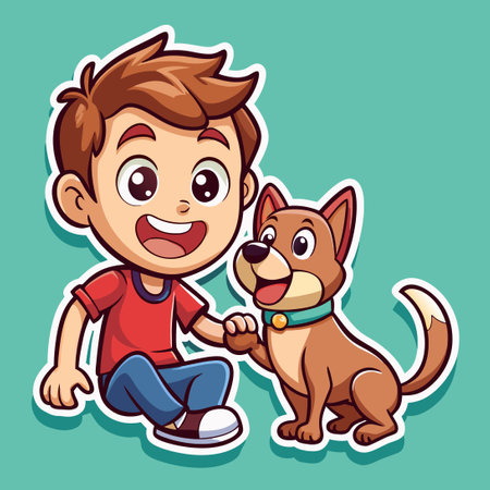 Cute Sticker of a Boy Playing with His Dog Mascot Logo Vectorのイラスト素材