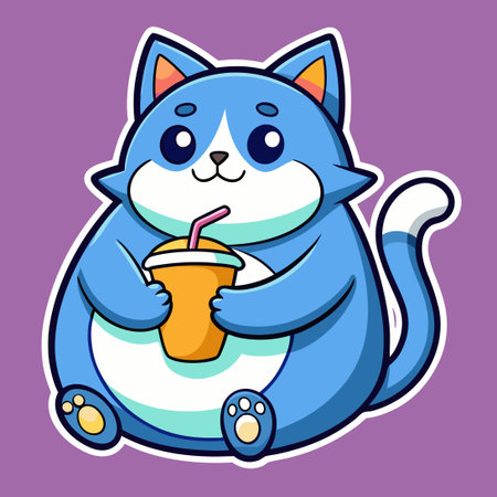 Adorable Sticker of a Chubby Cat Drinking from a Logo Vector Mascotのイラスト素材