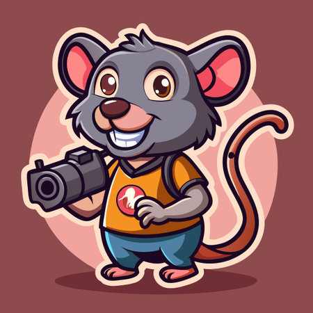 Delightful Sticker Featuring a Cute Photographer Rat Mascot in Vector Formatのイラスト素材