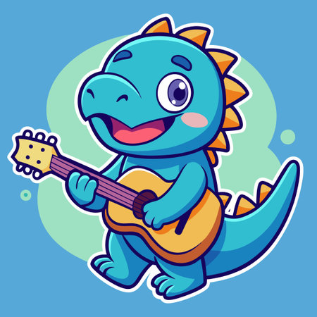 Adorable Dinosaur Embracing Music with a Guitar Sticker Designのイラスト素材