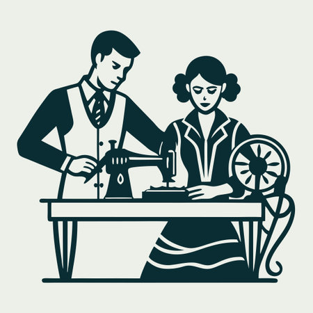 Vector Illustration of a Skilled Tailor Man Sewing a Dress for a Womanのイラスト素材