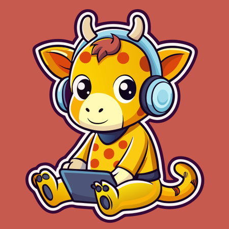 Adorable Giraffe Sticker with Headphones for Music Loversのイラスト素材