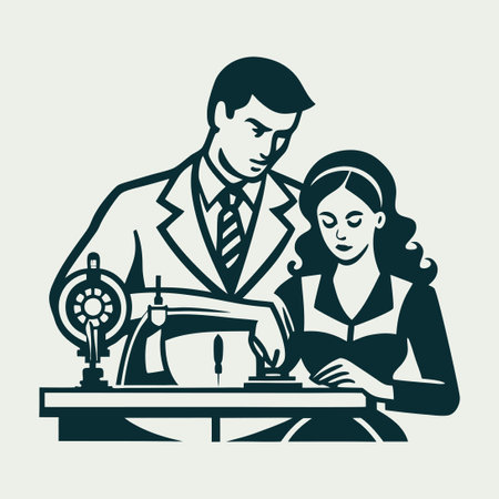 Vector Illustration of a Tailor Woman Sewing a Man's Suitのイラスト素材