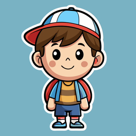 Adorable Sticker Depicting a Cute Boy with Hat and Backpackのイラスト素材