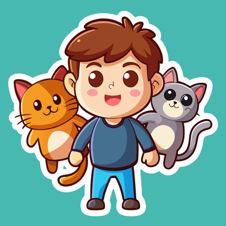 Kawaii Sticker of an Adorable Boy Carrying Cats in Vector Formatのイラスト素材