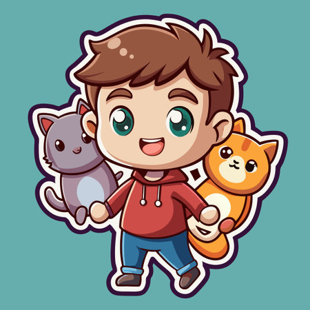 Adorable Sticker Featuring a Cute Boy Affectionately Holding Cats in Vector Formatのイラスト素材