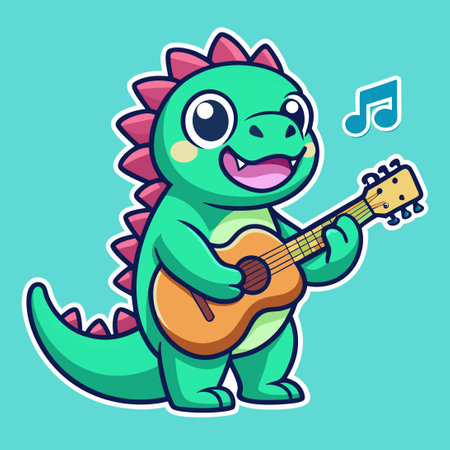 Adorable Sticker of a Cute Dinosaur Playing Guitar With a Logo Vector Designのイラスト素材