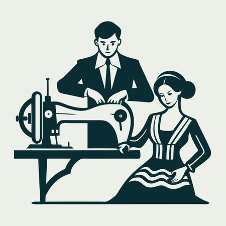 Sewing machine and tailor woman. Vector illustration in retro style.のイラスト素材