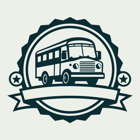 Retro Bus Logo Template with Swirls and Ribbons for Vintage Transportation Designsのイラスト素材