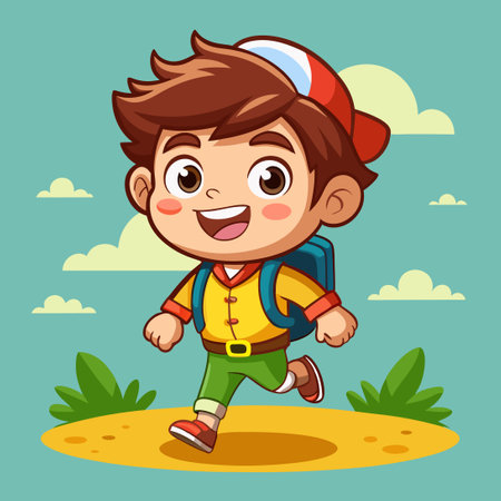 Adventurous Kids Logo Mascot Vector Character with Backpack and Mapのイラスト素材